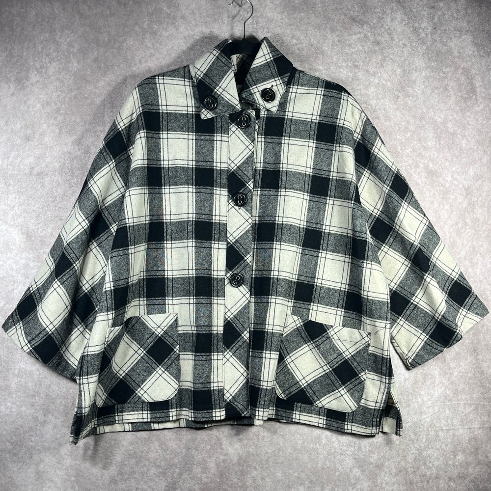 Coldwater Creek Bouclé Plaid Jacket‎ Large Black White Wool Blend Button Cropped
